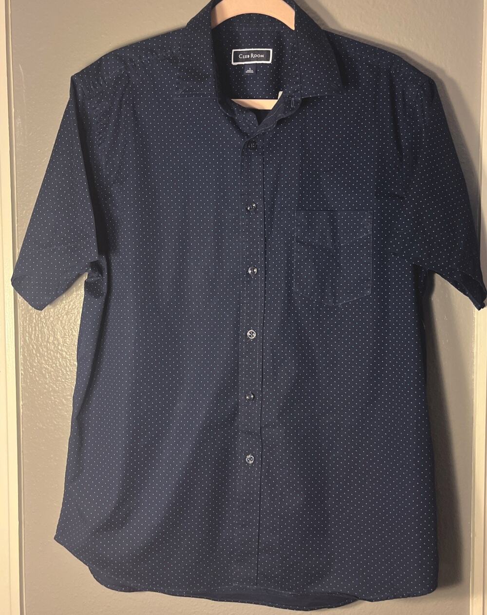 Club Room Short Sleeve Button Front Shirt Cotton Blend Navy Blue Men's Size L